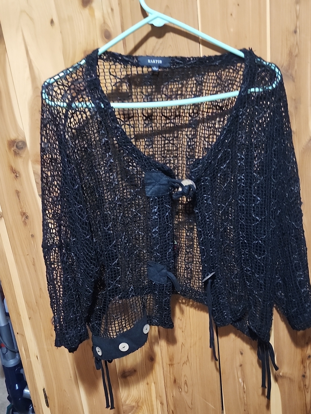 Kaktus Black Open-Knit Tie-Front Crochet Cardigan